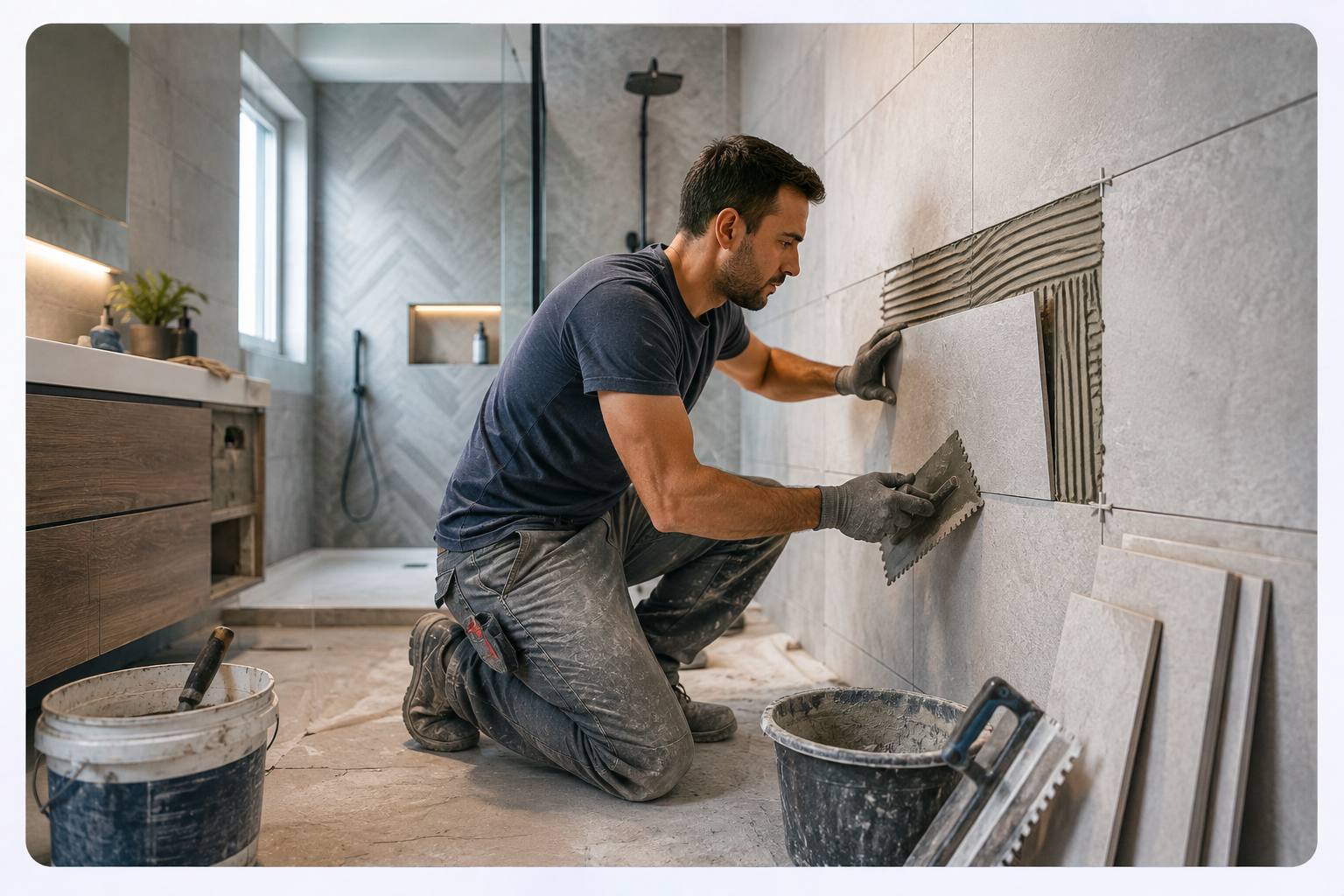 Muratore durante la ristrutturazione di un bagno moderno
