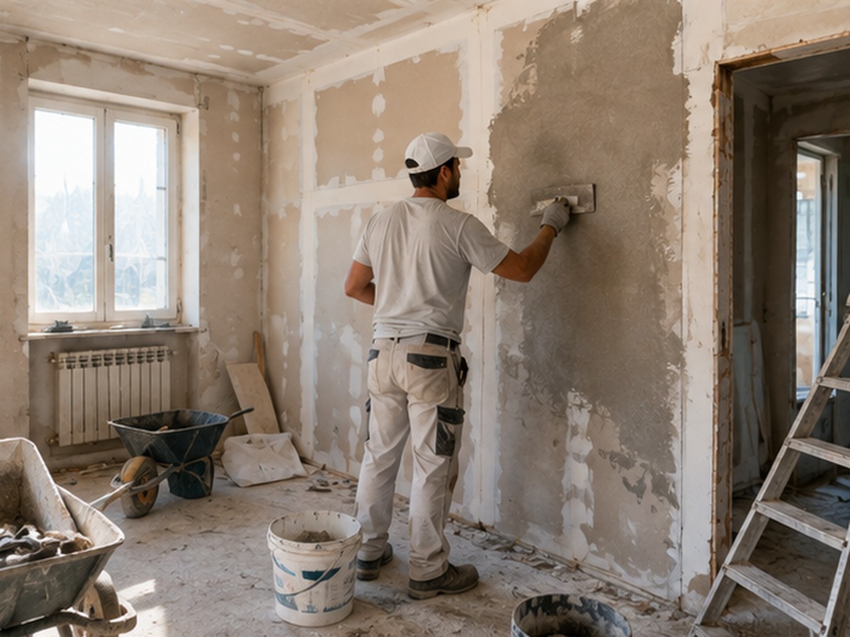 Muratore al lavoro durante una ristrutturazione