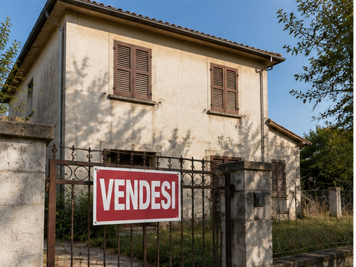 Casa chiusa con cartello Vendesi