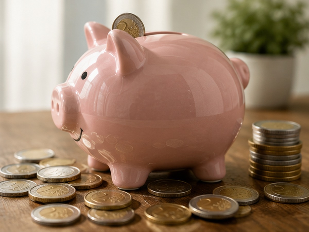 Salvadanaio a maialino visto lateralmente con monete in euro